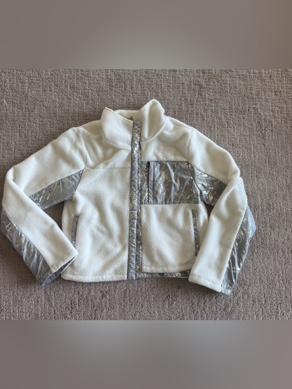 The North Face Kids Cream Fleece Teddy Jacket with Silver Accents